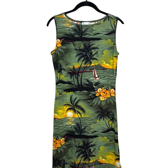 Vintage Janana's Size Medium Made in USA Green Hawaiian Print Tank Dress - Picture 1 of 6